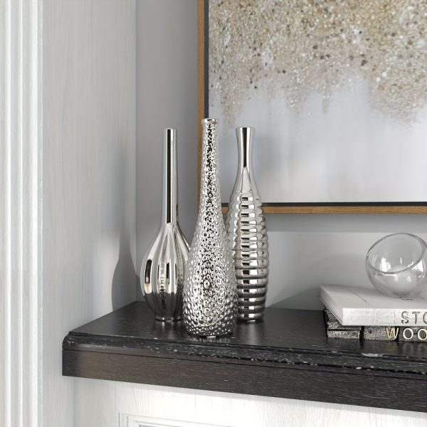 Set Of 3 Ceramic Glam Vase Silver - Luxury Tabletop Amphora Decor, Spot Clean
